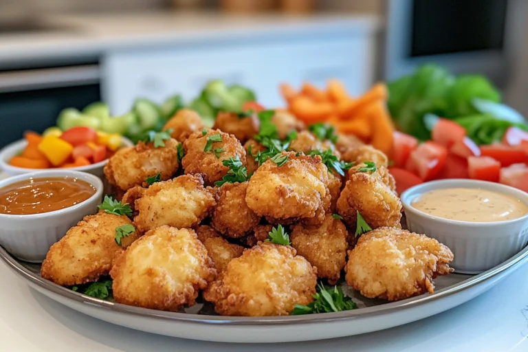 Golden, crispy air fryer chicken bites recipe served on a plate with a variety of dipping sauces, including ranch, honey mustard, and spicy mayo, garnished with fresh parsley and paired with colorful vegetables in a bright, clean kitchen setting