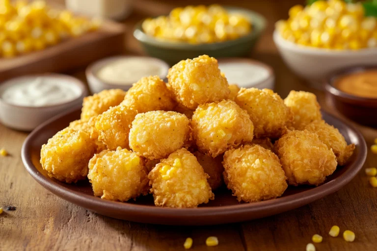 A mixing bowl with creamy corn nuggets mixture, fresh corn kernels, and a whisk, surrounded by ingredients on a kitchen counter
