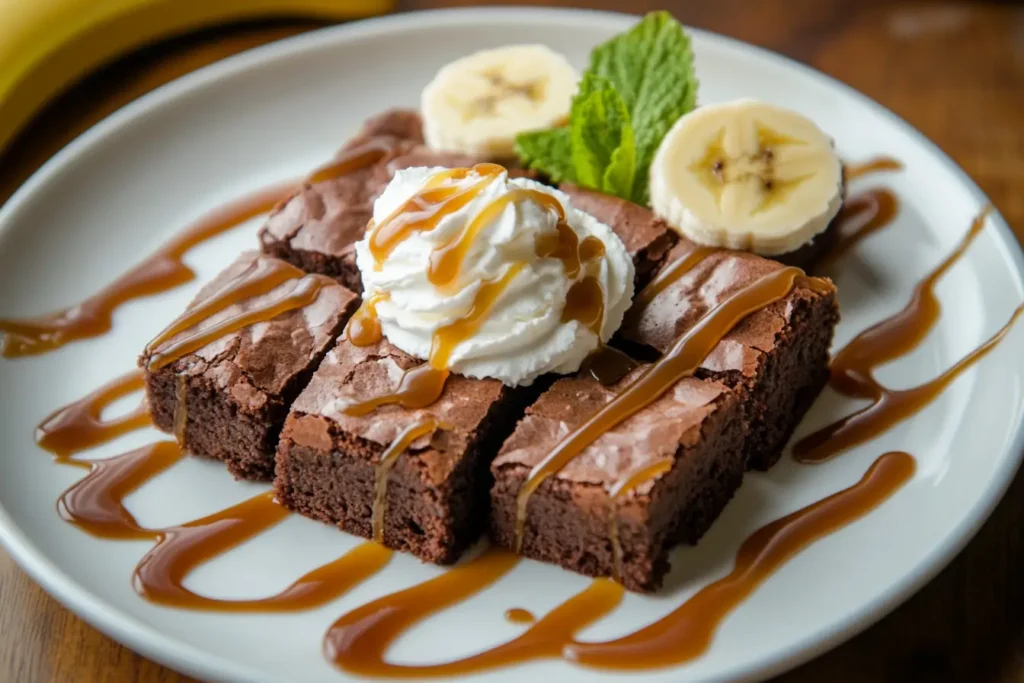 Sliced banana brownies with caramel drizzle and whipped cream.