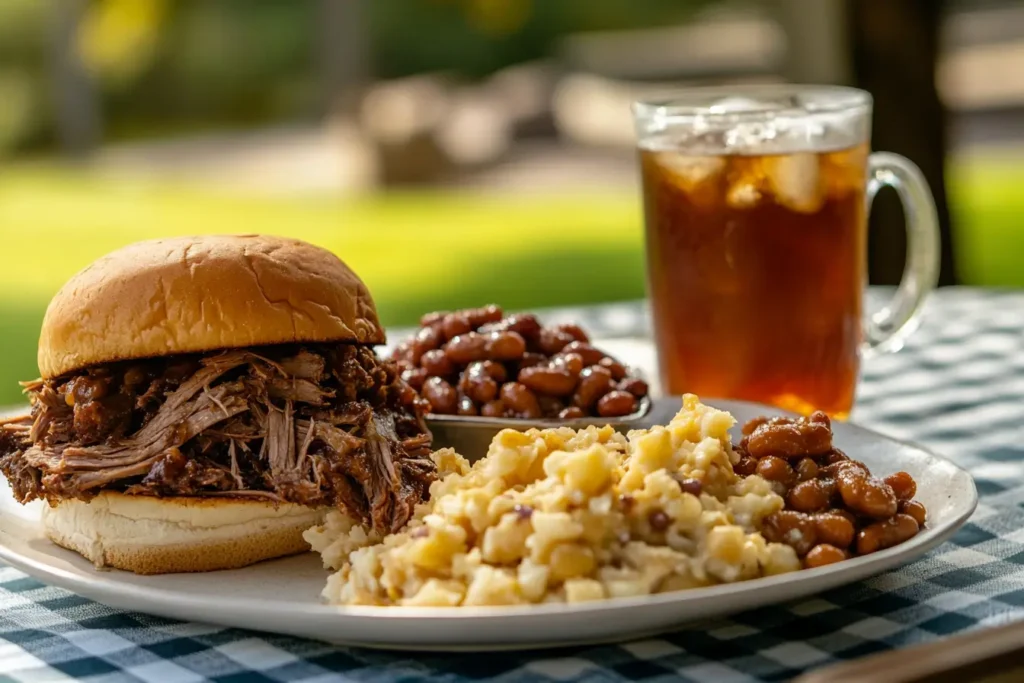 Brisket sandwich with potato salad, baked beans, and iced tea on a picnic table.