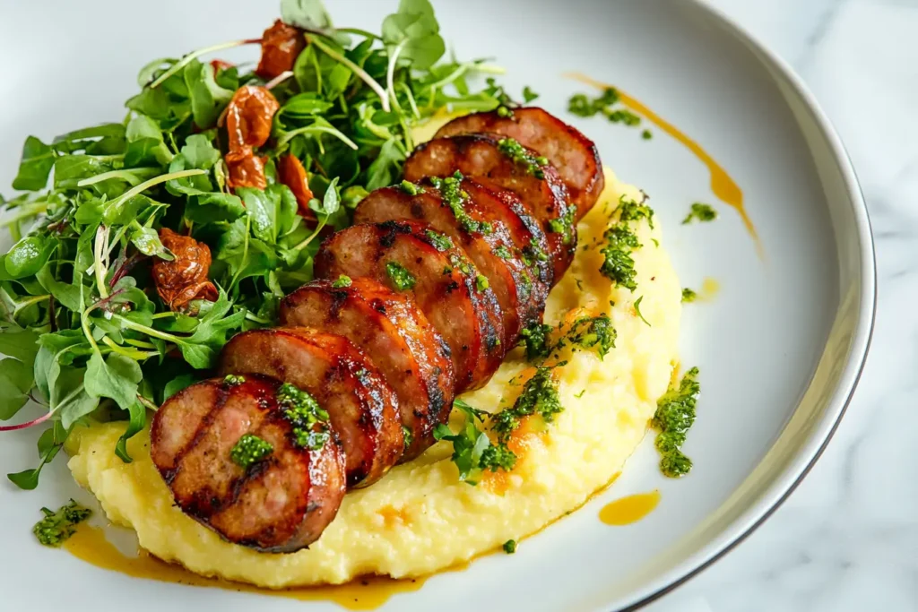  Sliced air-fried sausages with polenta and a green salad.