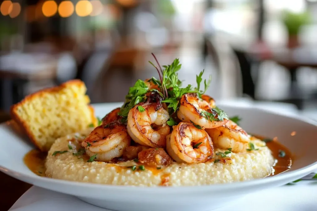 A dish of shrimp and creamy instant grits garnished with parsley.