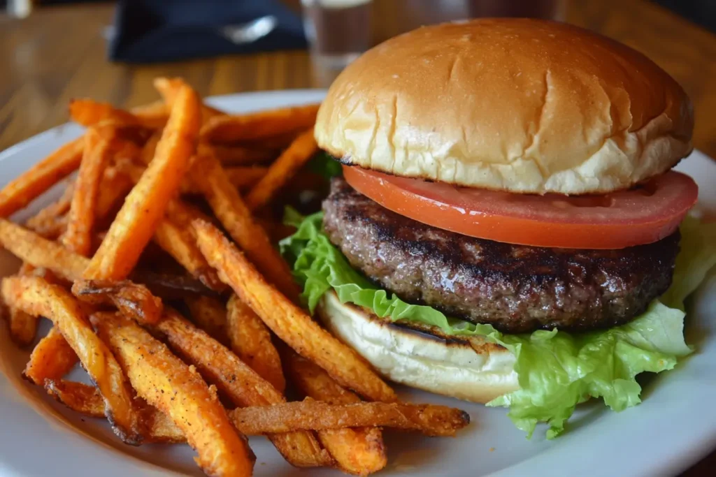 Gluten free burger with a golden bun and sweet potato fries.