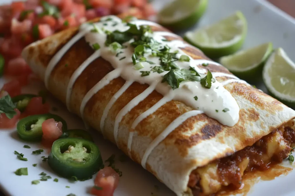 Golden grilled cheese burrito topped with spicy crema and fresh cilantro.