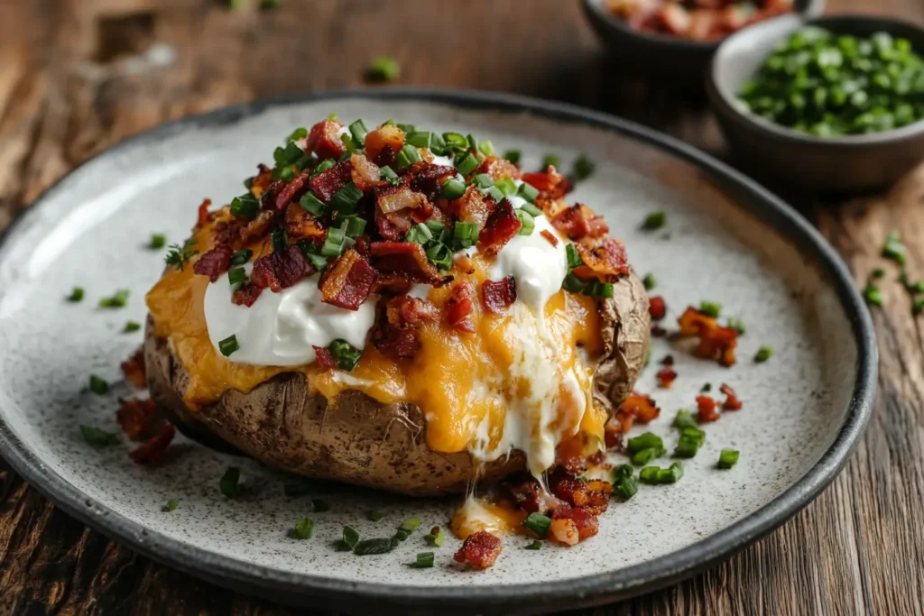 Loaded Baked potato on grill with cheese, sour cream, bacon, and chives, served on a rustic plate.