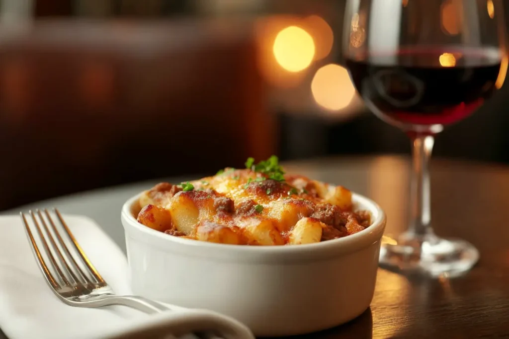 Reheated beefaroni served in a small white dish.