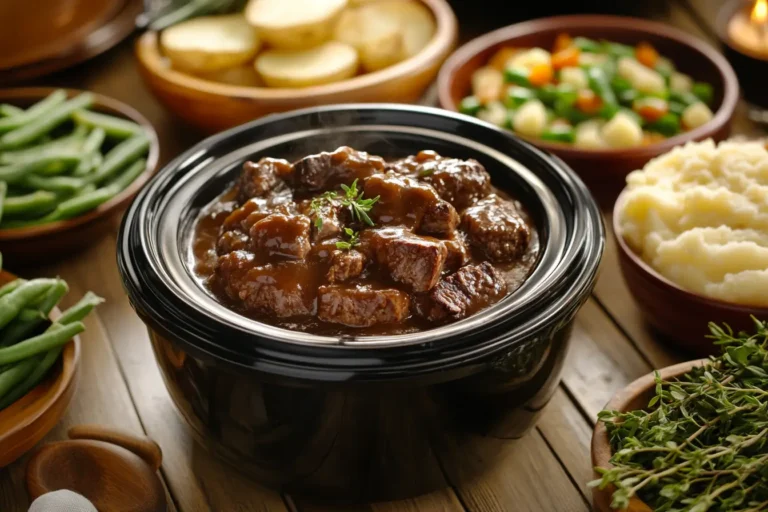 Crock pot cube steak with gravy and sides on a rustic table.