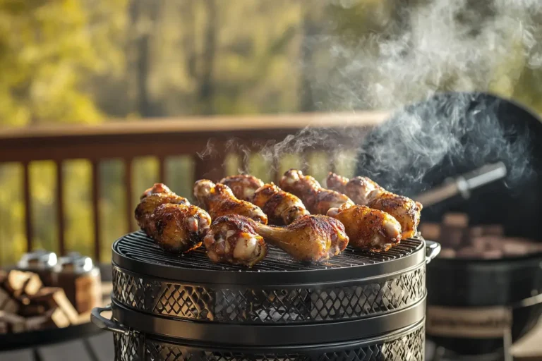 Smoked chicken drumsticks on a smoker with barbecue tools