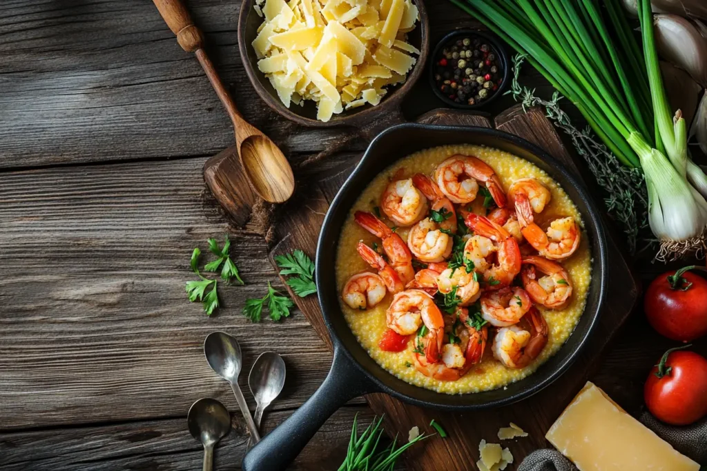A cooking setup with instant grits and fresh ingredients.