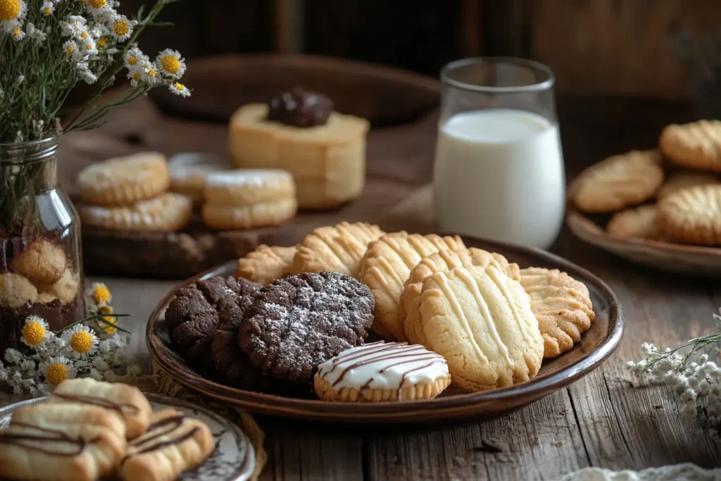 Assortment of homemade French cookies on a rustic wooden table.