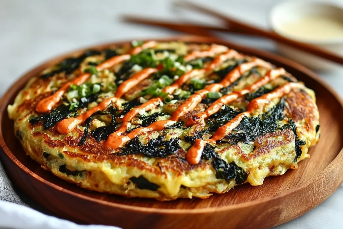 A savory vegan okonomiyaki pancake topped with vegan sauces