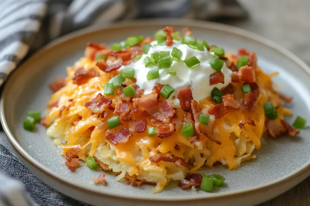 Loaded hash browns with cheese, bacon, and sour cream.