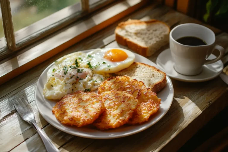 Plate of crispy hash brown patties with eggs and coffee.