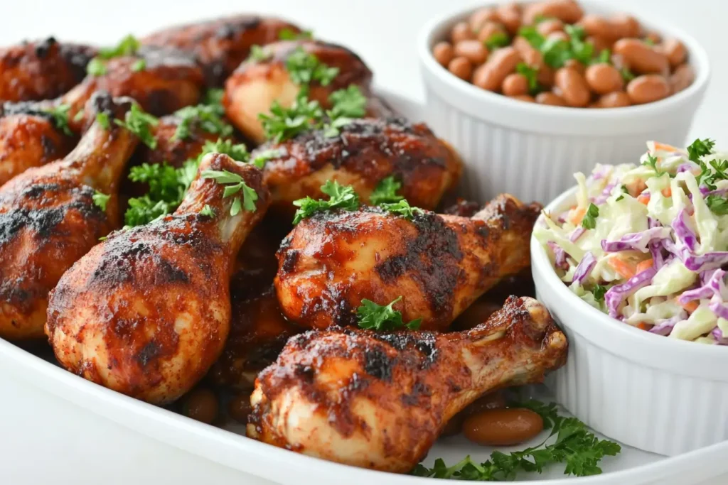 Smoked chicken drumsticks with coleslaw and baked beans.
