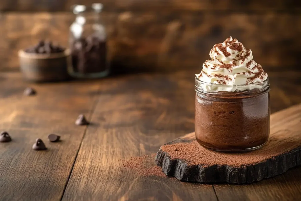 High-protein chocolate mousse in a clear jar topped with whipped cream