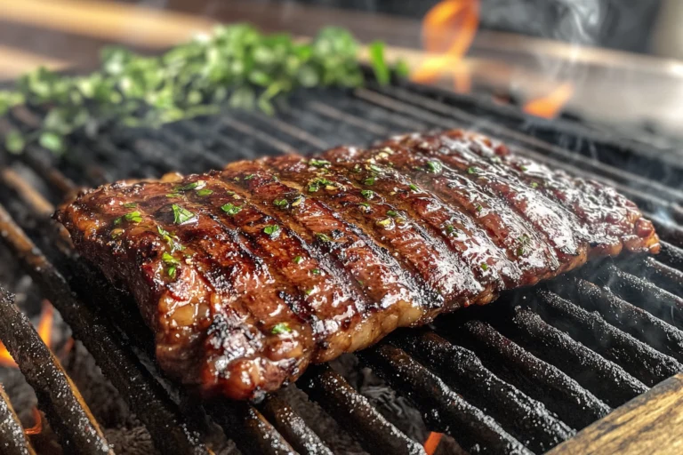 A perfectly grilled skirt steak sizzling on a barbecue grill, featuring a golden-brown crust with flames and smoke in the background, set on a rustic wooden table surrounded by fresh herbs.