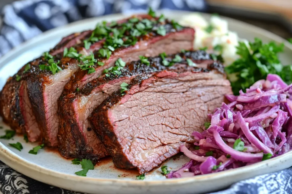 the 3-2-1 Rule for Brisket , Sliced brisket served with coleslaw and pickled onions.