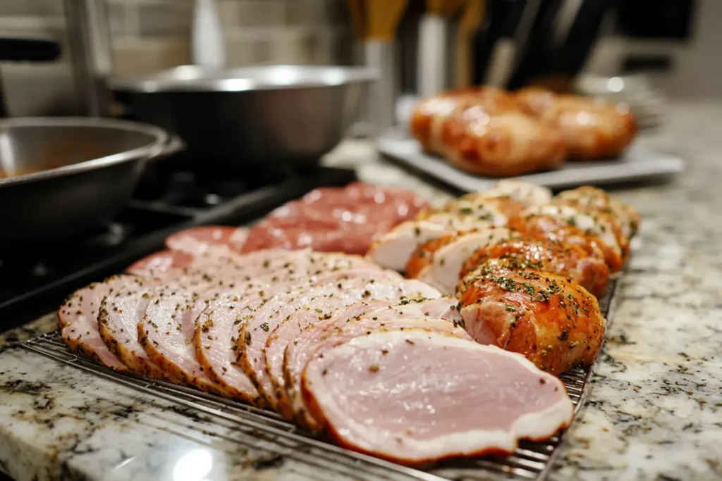 Preparing turkey pastrami with brining, seasoning, and smoking steps.