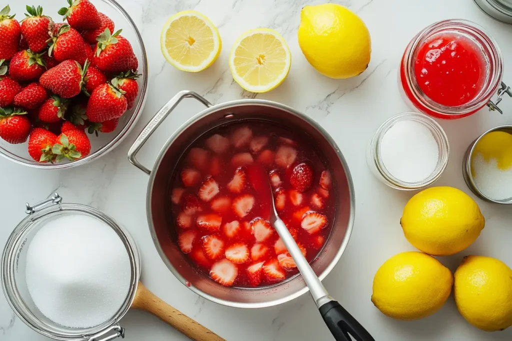 Step-by-step process of making homemade strawberry jelly.