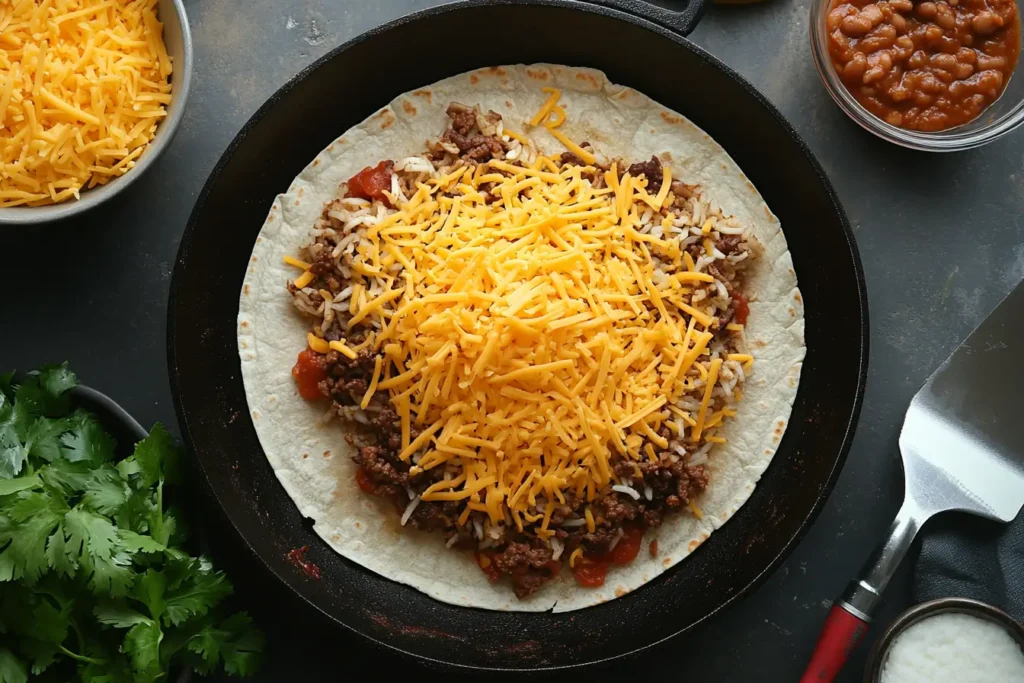 Step-by-step process of layering a grilled cheese burrito on a skillet.