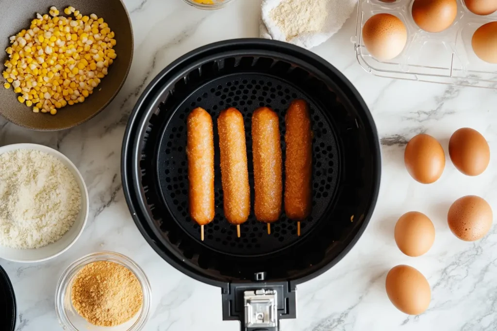 Homemade corn dogs being prepared with batter and ingredients.