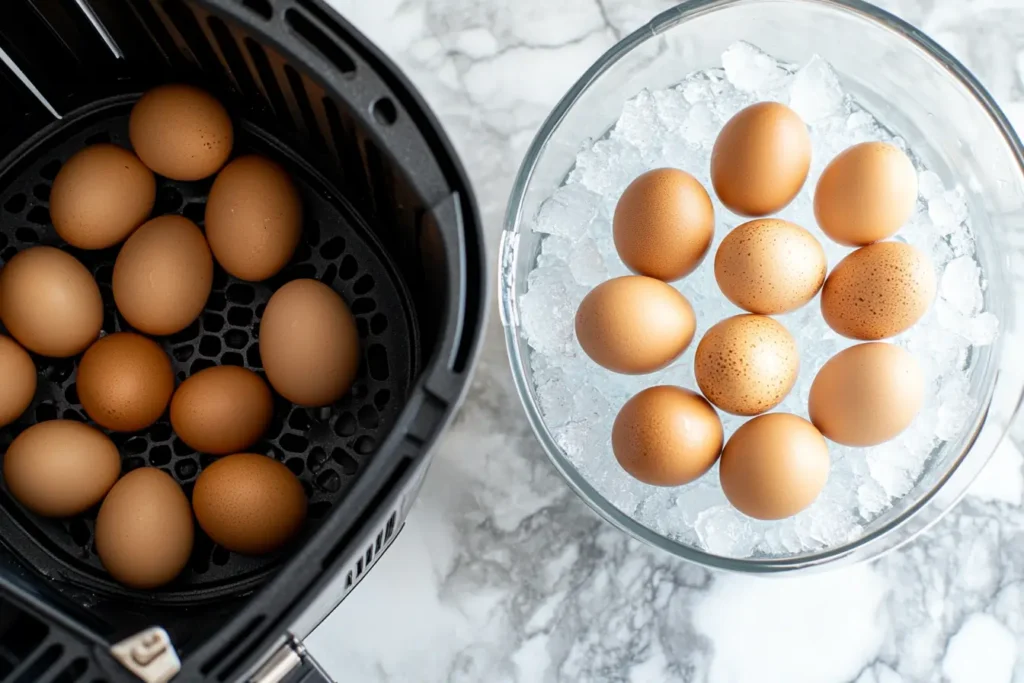 Eggs in an air fryer basket with an ice bath nearby