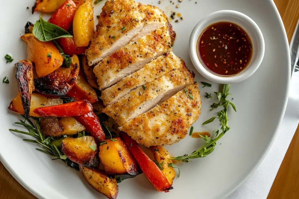 Baked chicken cutlets served with roasted vegetables and dipping sauce.