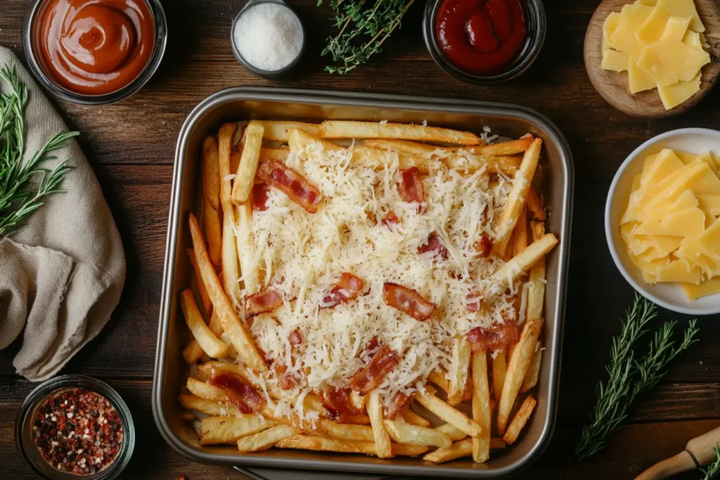 Homemade loaded fries with toppings in a kitchen setup	