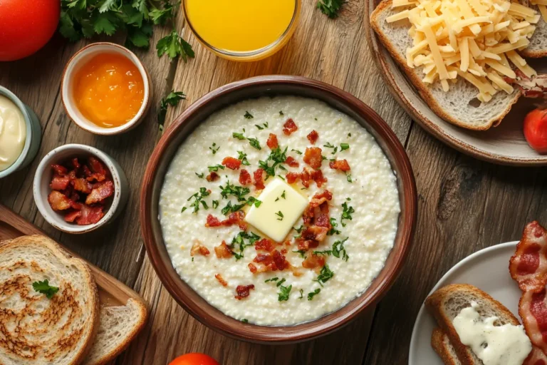 A steaming bowl of creamy instant grits with butter and herbs on a breakfast table.