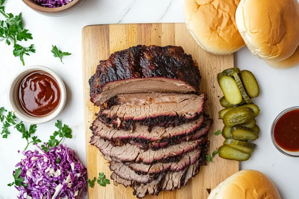 Ingredients for making a brisket sandwich arranged on a wooden board.