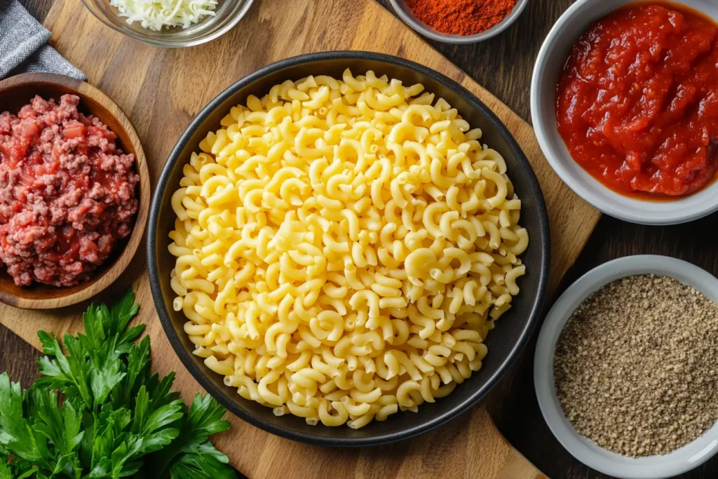 Ingredients for making beefaroni arranged on a wooden board.