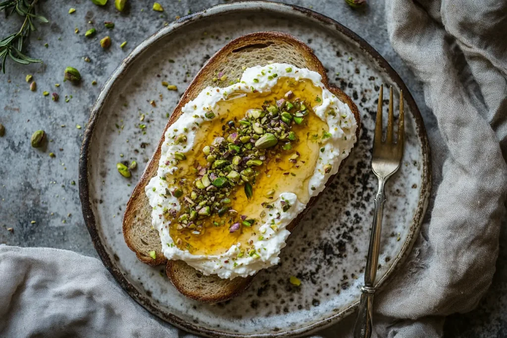 Ricotta toast with pistachio cream, honey drizzle, and crushed pistachios.