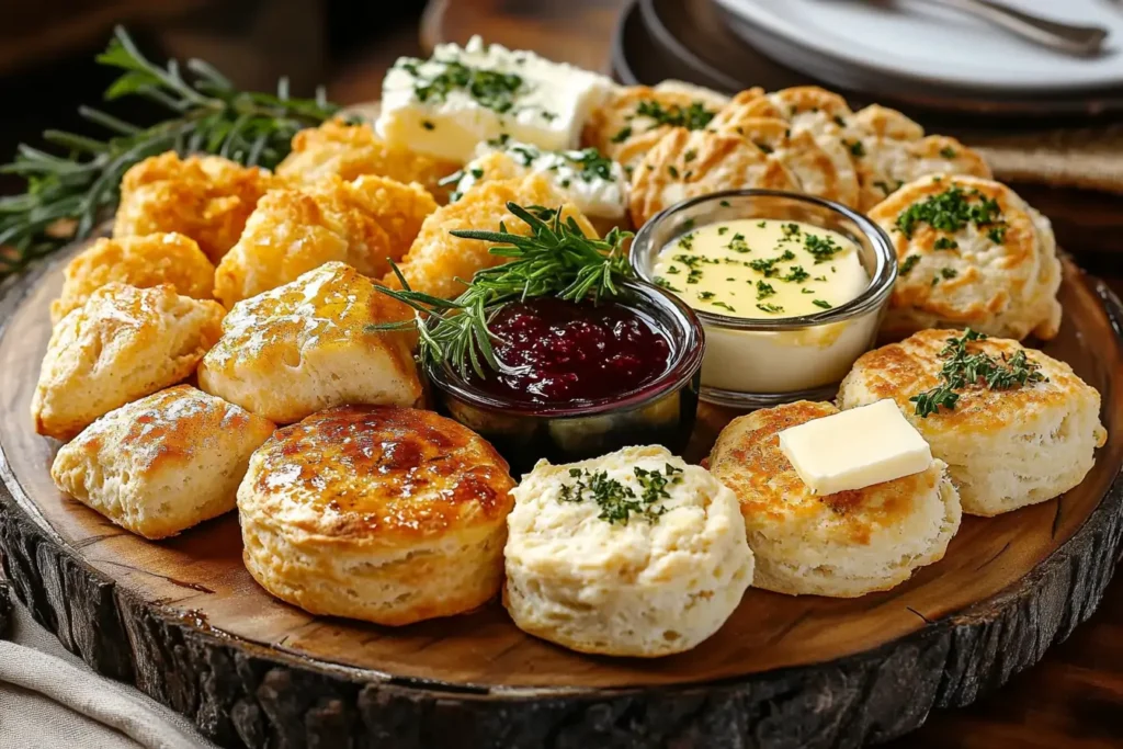 Variety of savory and sweet air fryer biscuits on a platter