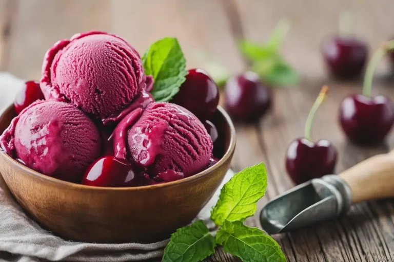 Bowl of cherry ice cream with fresh cherries and mint leaves.