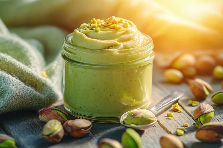 Jar of creamy pistachio spread on a wooden table with scattered pistachios and a spoon.