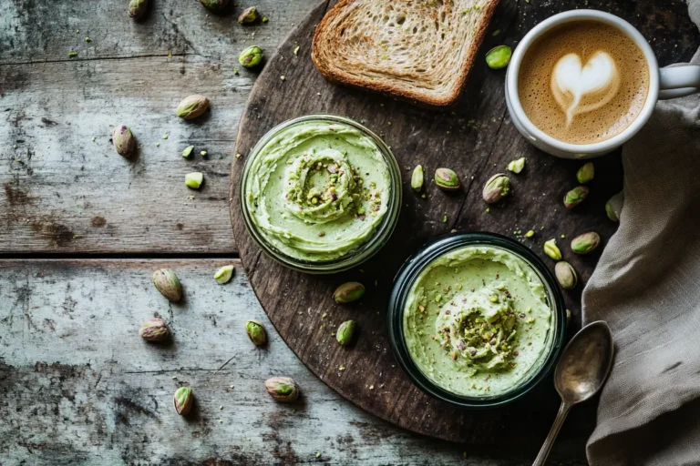 Breakfast table with toast, pistachio cream, and a cappuccino.