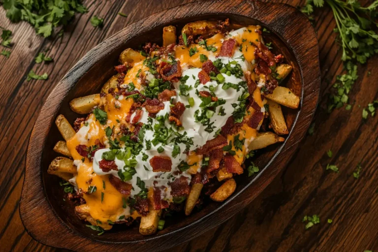 Golden crispy loaded fries topped with cheese, bacon, and sour cream