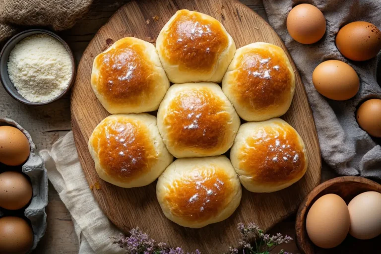 Freshly baked gluten free buns on a rustic board.