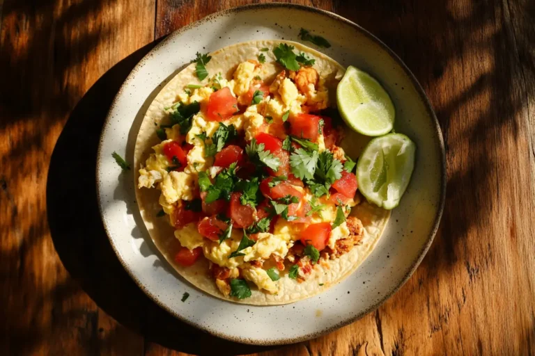 Chicken chorizo breakfast taco with eggs and lime.