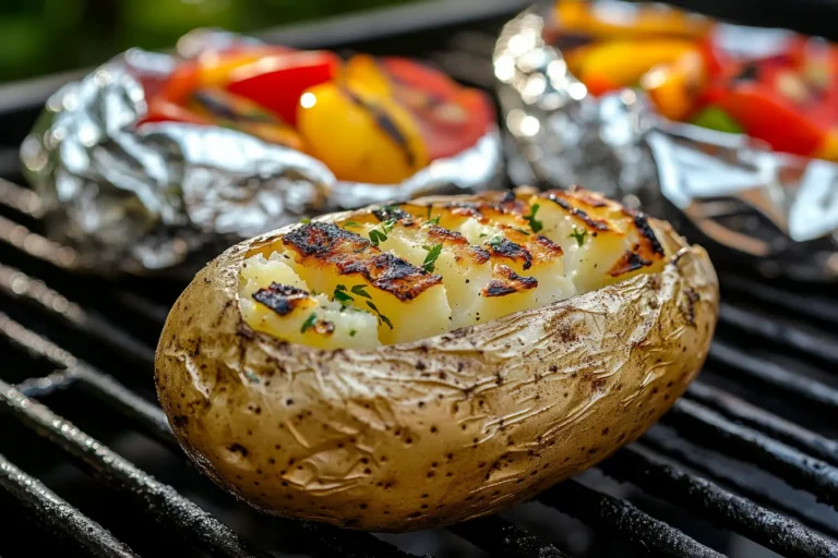 Grilled Baked potato on grill with crispy golden skin and grill marks, served with colorful vegetables.