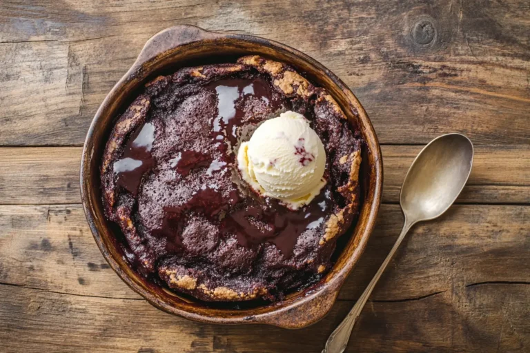 Freshly baked chocolate cobbler served with vanilla ice cream.
