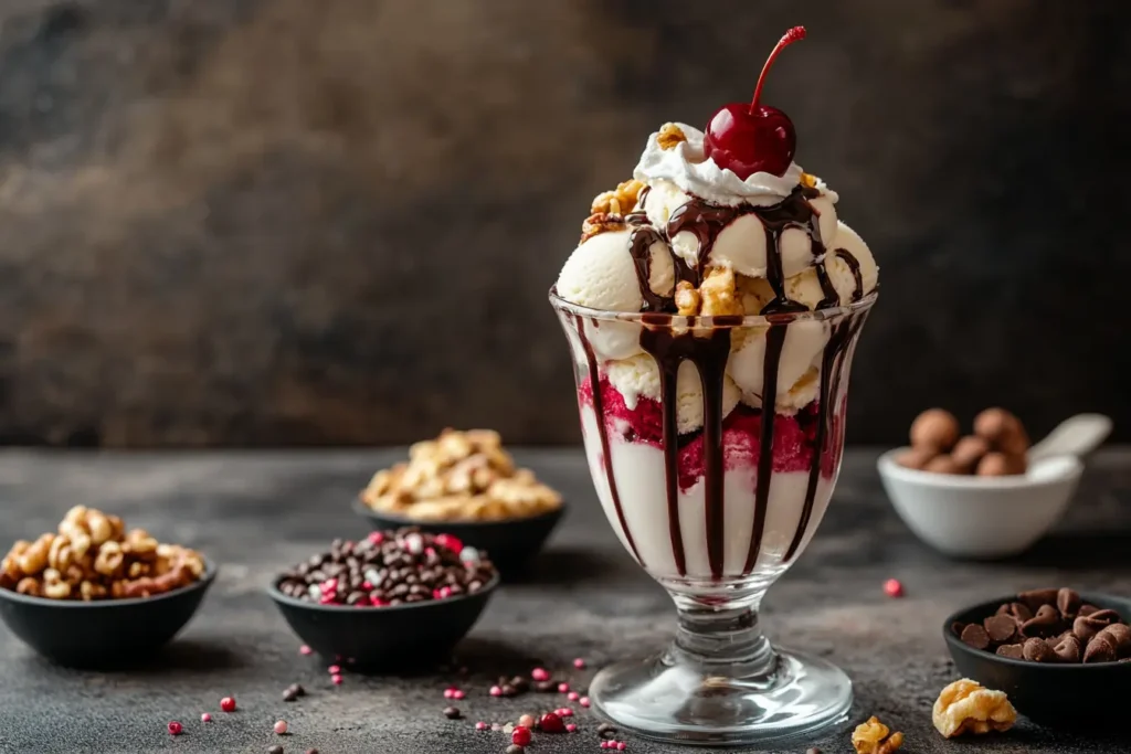Cherry ice cream sundae topped with chocolate syrup and whipped cream