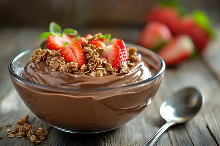 Chocolate protein pudding topped with strawberries and granola.