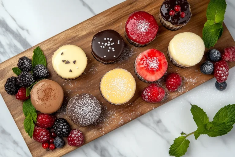Assorted cheesecake bites with chocolate and fruit toppings.