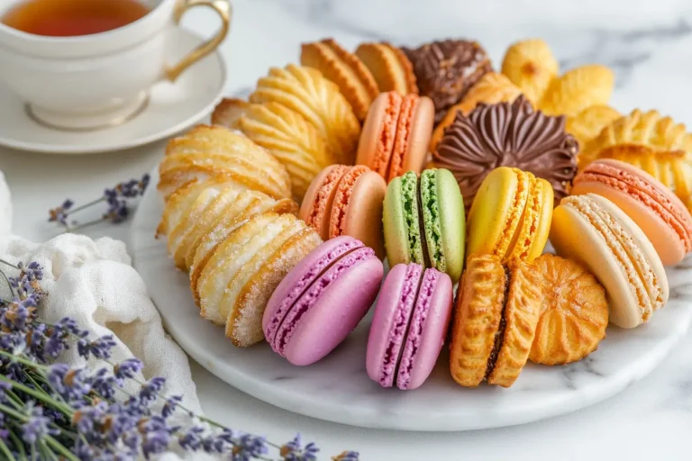 Platter of assorted French cookies including macarons, madeleines, and palmiers.