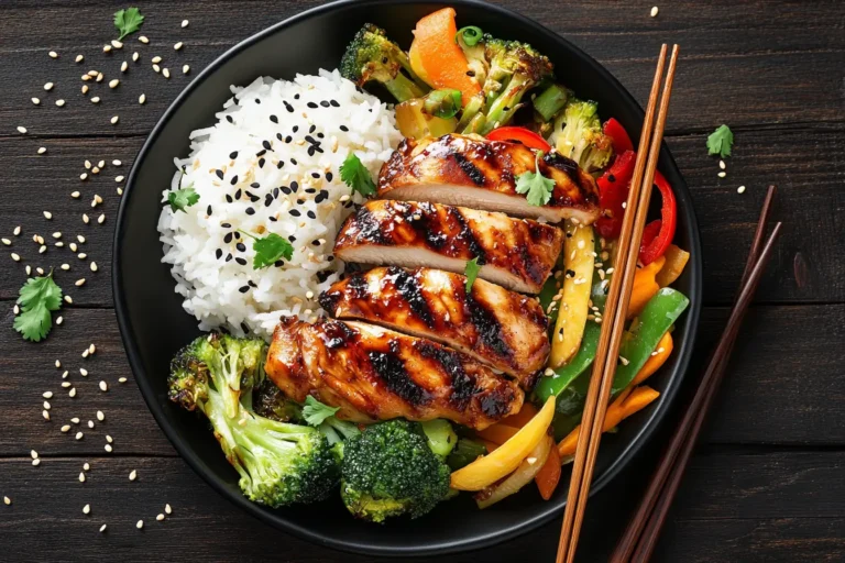 Grilled Asian chicken served with rice and vegetables.