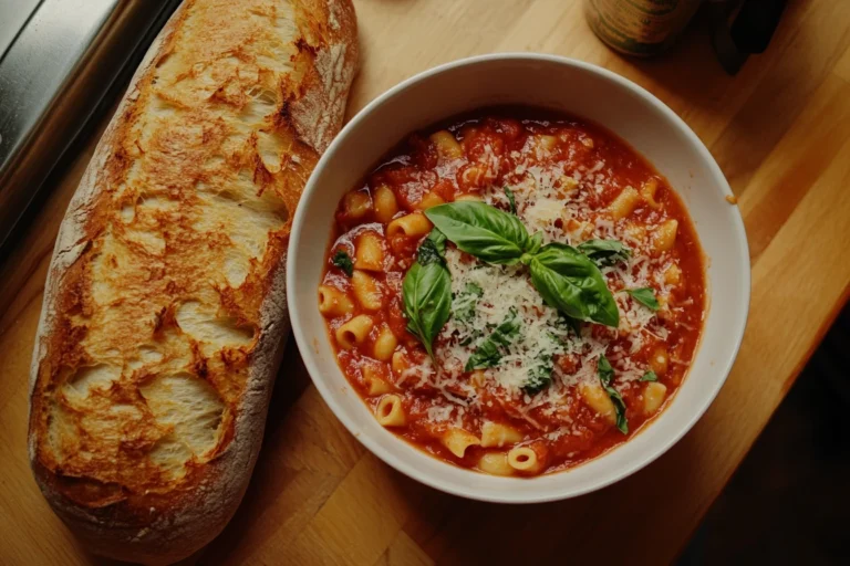 Rustic Italian table with a bowl of ditalini pasta, tomato sauce, parmesan, and basil
