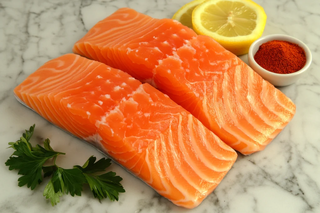 fresh salmon filets with spices ready for a Perfect Salmon Bites Recipe