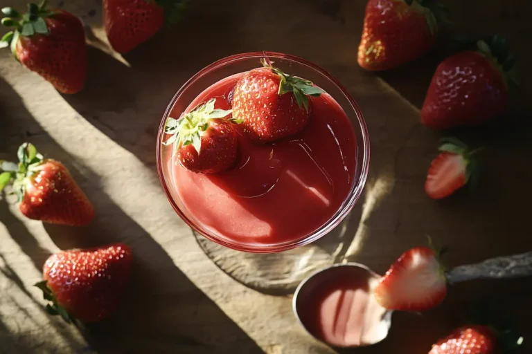 Vibrant strawberry puree in a glass bowl with fresh strawberries