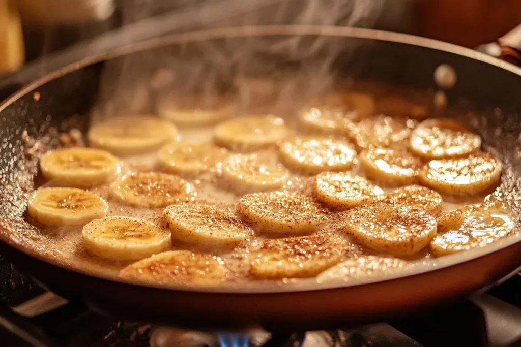 Slices of bananas frying in a pan with butter and cinnamon.